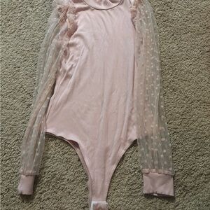 Pink Bodysuit with Sheer Polka Dot Sleeves
